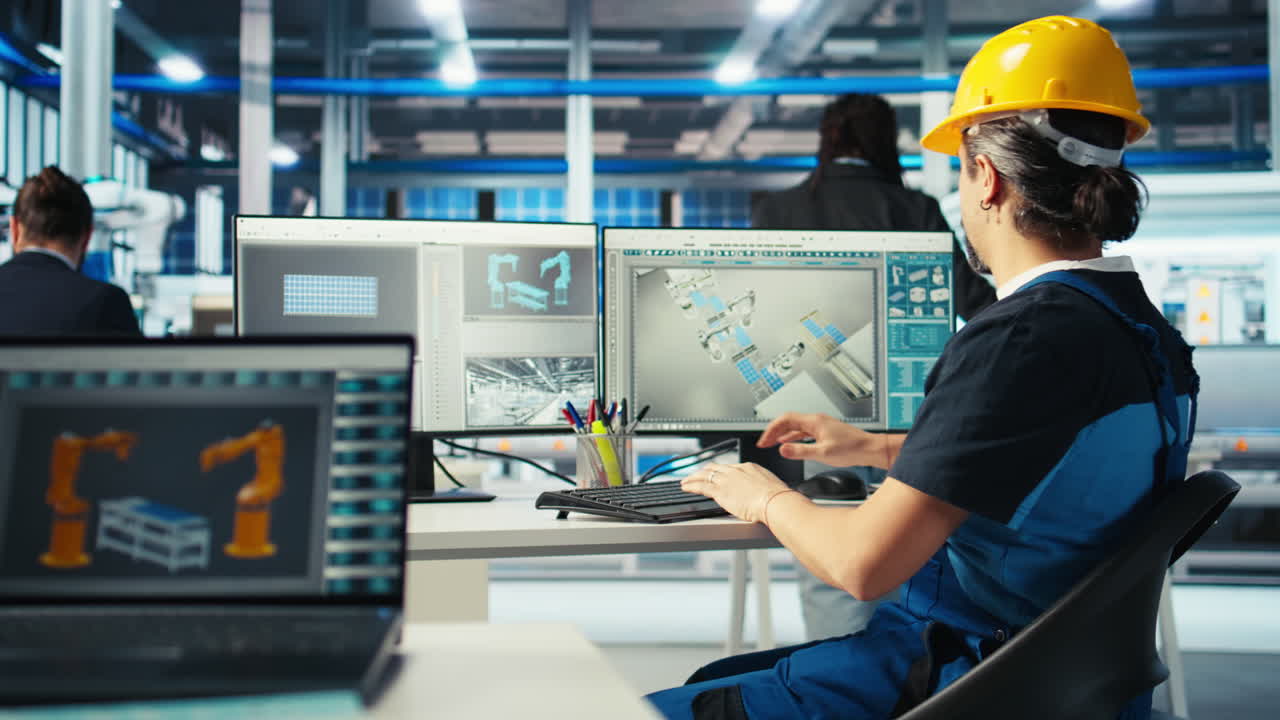 tecnico dell'impianto di pannelli solari ecologici che progetta linee di produzione su pc