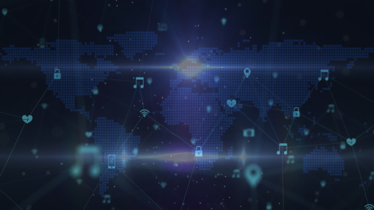 파란색 배경의 세계 지도에 대한 디지털 아이콘 및 빛 점 네트워크의 애니메이션