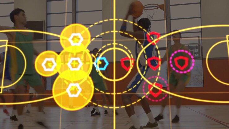 Vertical video: Sports overlays animating around players as blue player driving, shooting to score