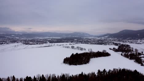 Toma-Aérea-De-Un-Campo-Agrícola-Cerca-De-Un-Pequeño-Pueblo-En-Invierno-En-Quebec