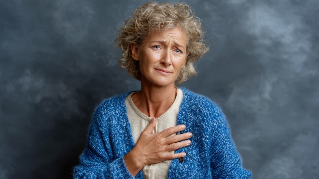 An Introspective Moment Captured: A Woman in a Cozy Blue Sweater Expresses Vulnerability and Emotion Against a Soft Gray Backdrop, Evoking Reflection and Contemplation