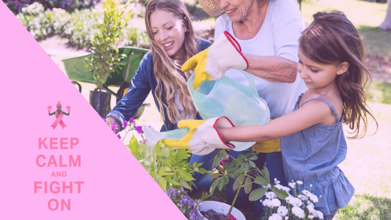 야외에서 웃는 가족 위에 유방암 텍스트가 있는 분홍색 리본 로고의 애니메이션