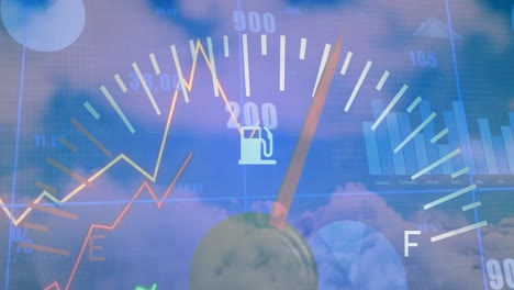 animación del velocímetro en múltiples gráficos y números cambiantes contra el cielo nublado.