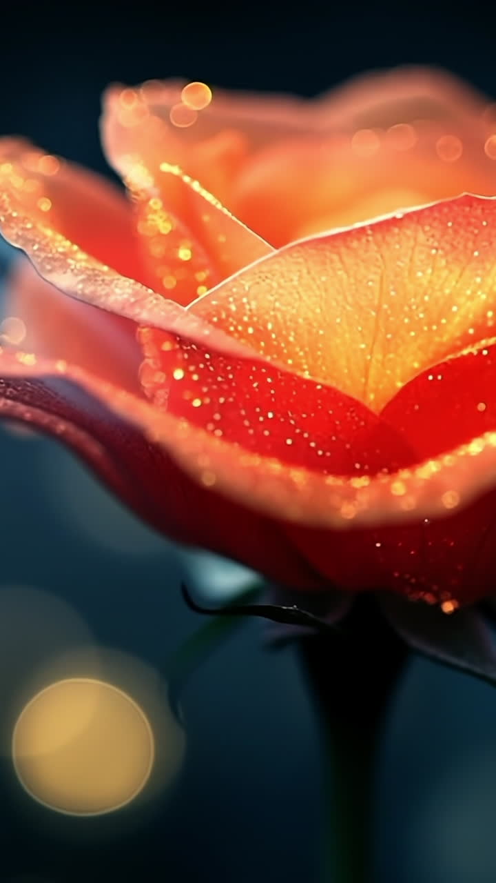 Dewy rose in soft light. A vibrant rose glistens in soft light, adorned with dew drops and surrounded by a dreamy atmosphere.