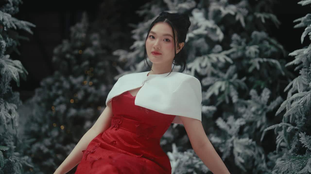 A woman in a red dress and white cape sits among snow-covered trees, exuding calmness