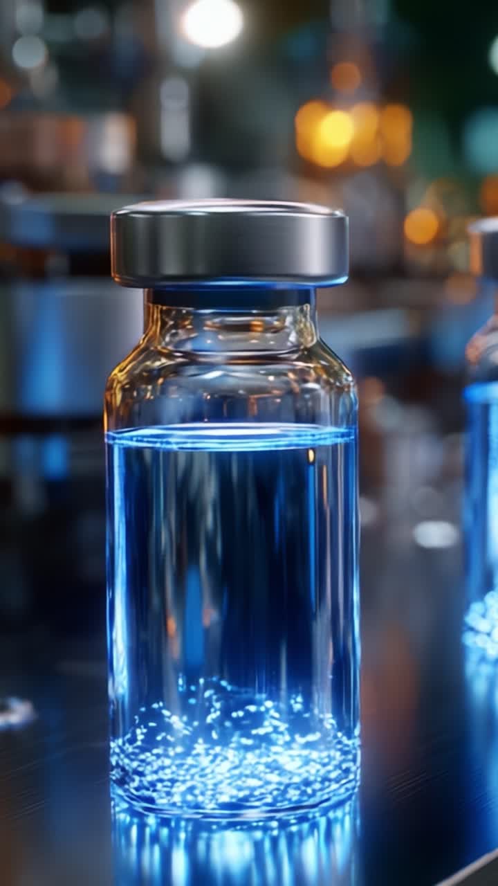 A close-up of a luminous blue liquid in a glass vial showcasing its shimmering particles, set against a blurred backdrop of laboratory equipment and glowing lights