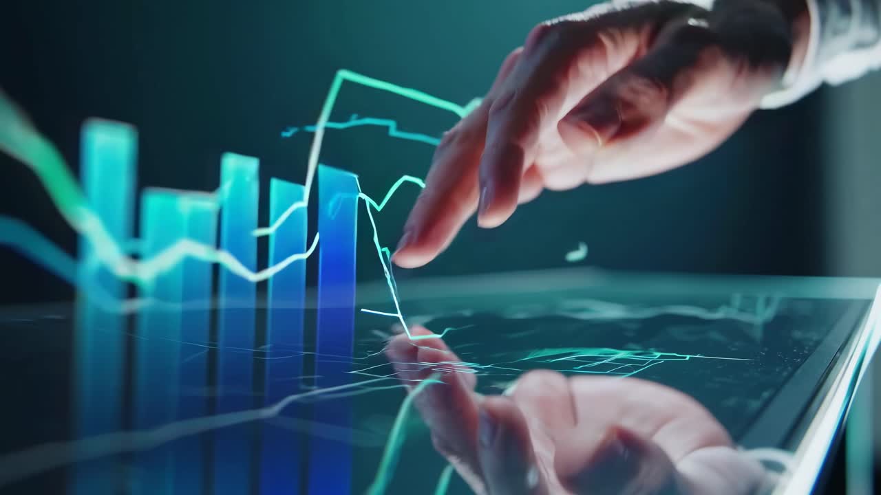 Futuristic video concept with a close-up angle of hands interacting with 3D graphs on a digital