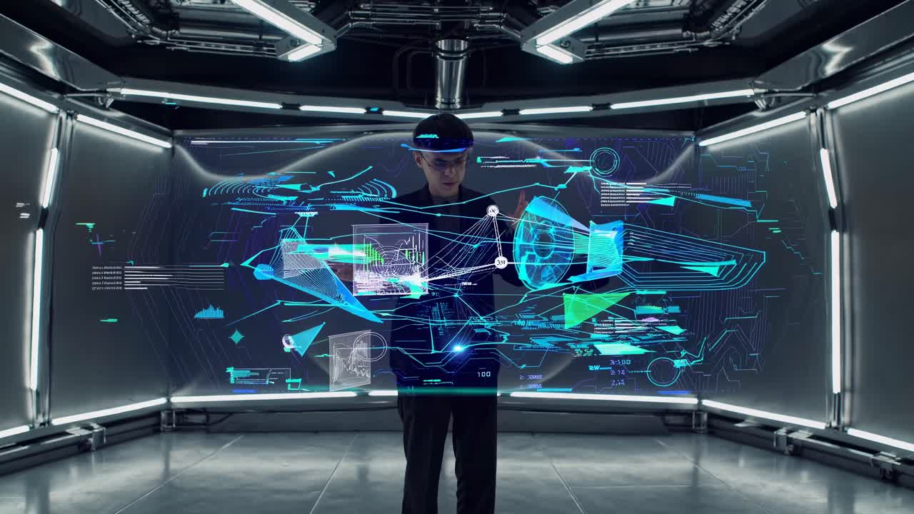 Futuristic video concept with a low-angle view of a holographic interface in a sleek, high-tech