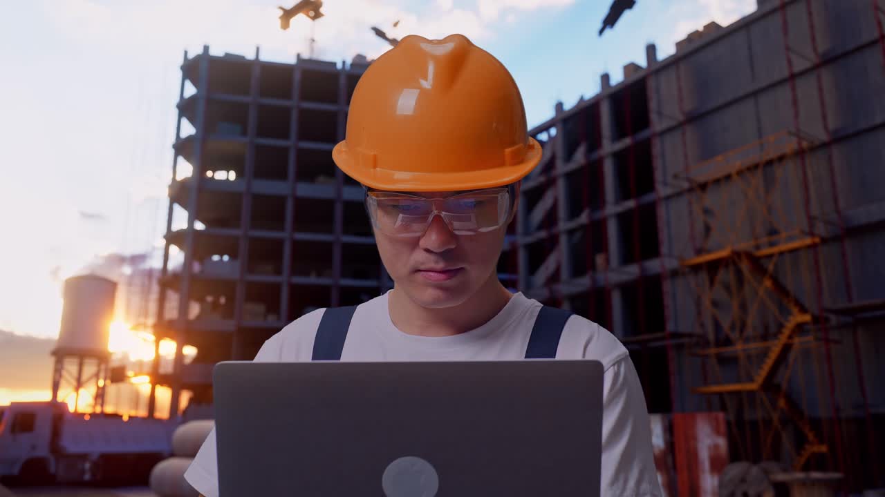 trabajador asiático usando una computadora portátil en el sitio de construcción