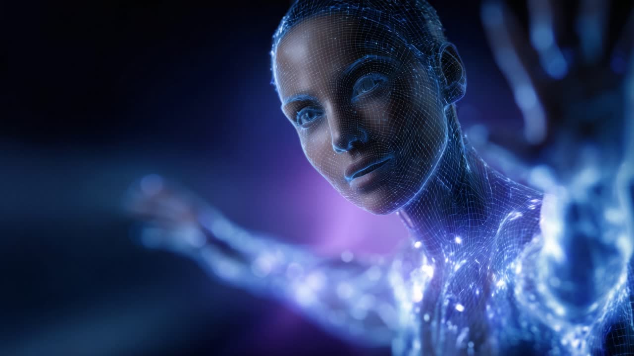 Un'affascinante figura umanoide composta da particelle digitali luminose si protende, incarnando la fusione di tecnologia e arte in un'atmosfera vibrante e cosmica