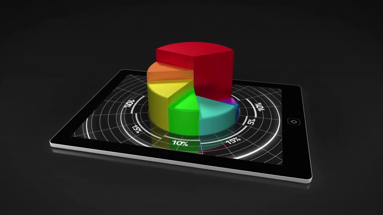 Animation of financial data processing over tablet on black background