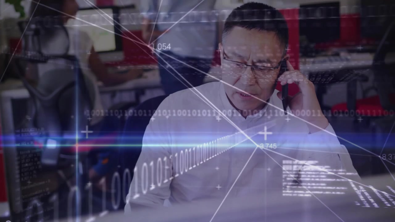 Office worker answering phone and checking docs during work call, HUD overlay sweeping over monitor