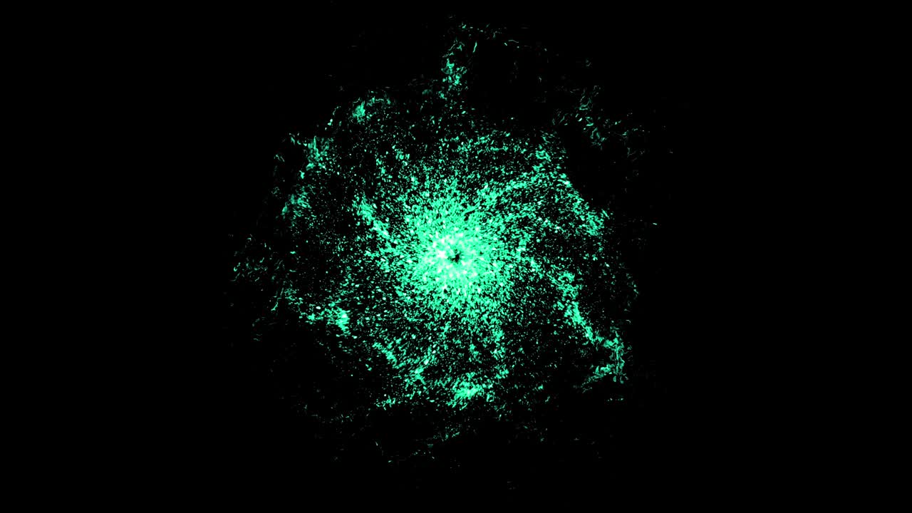 빠른 움직임의 입자를 가진 추상적인 에너지, 애니메이션, 검은 바탕에 긴장하고 빠르게 움직이는 빛나는 입자를 가진 최면점