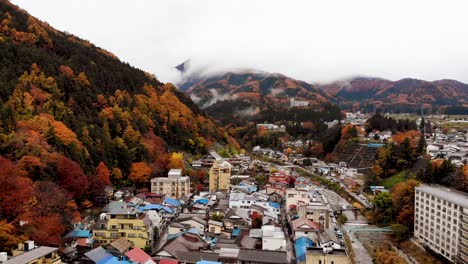 Aerial-Drone-view-of-Shibu-Onsen-town-in-Autumn-in-Nagano-Japan-2