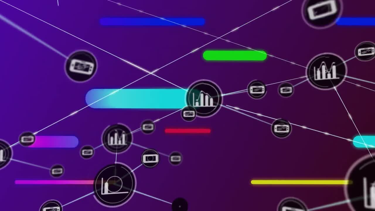 Animation of network of connections with digital icons over stripes on purple background