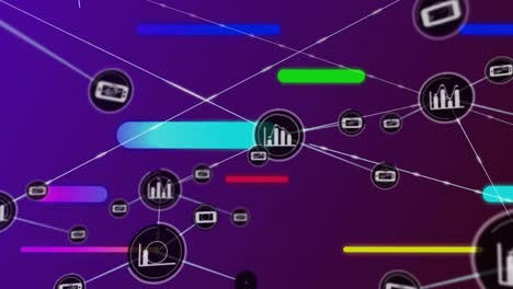 animación de la red de conexiones con iconos digitales sobre rayas en fondo púrpura