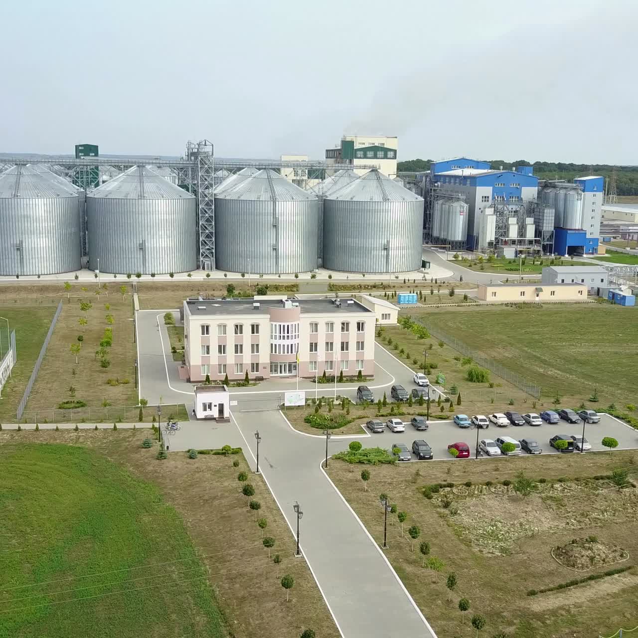 Row of granaries for storing wheat and other cereal grains. Aerial view