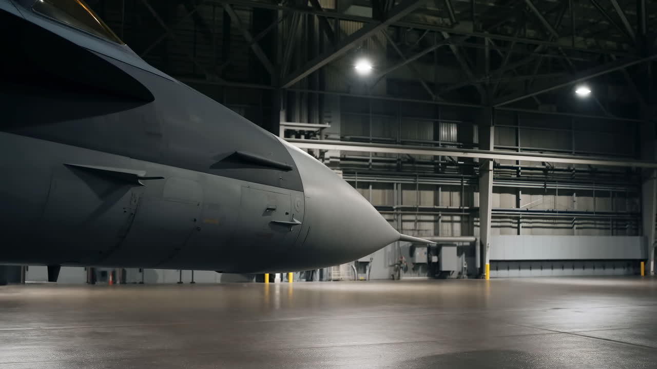 Hangar in penombra con il muso di un aereo, pavimento in cemento lucidato e travi d'acciaio sovradimensionate, fari a soffitto che proiettano