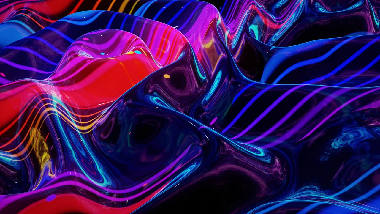 Looped abstract fluid background multicolor marble style. Beautiful glossy wavy surface of liquid with pattern, gradient color and flow waves on it. Creative bright bg with soft smooth animation.
