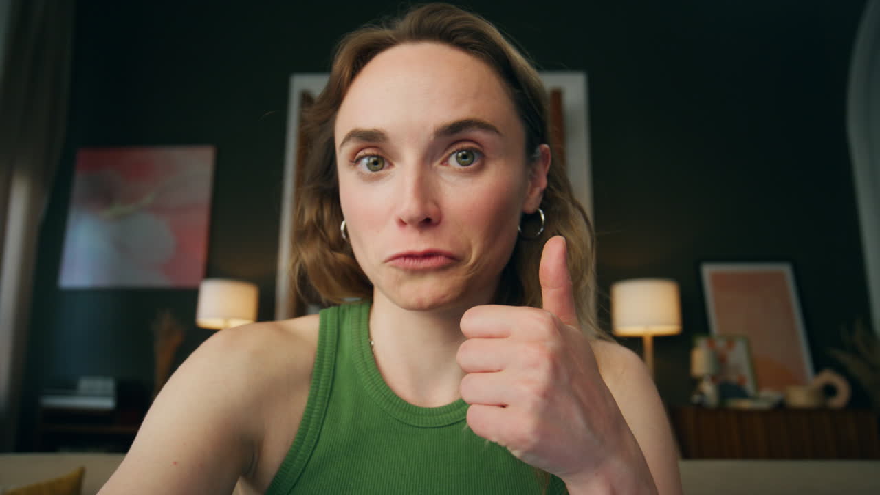 удивленная женщина удивленное лицо домой бедный удивленная дама показывает большой палец жест