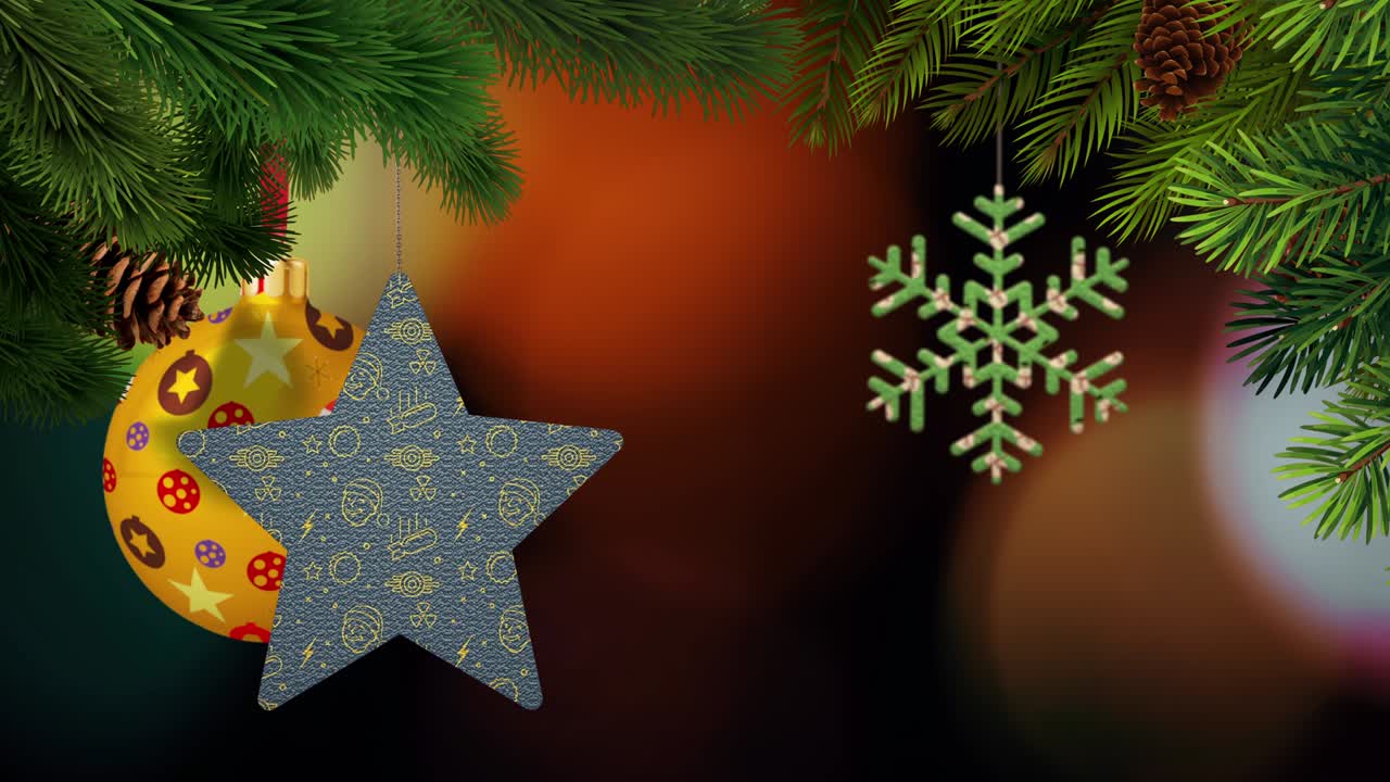 los adornos de navidad y los pinos se balancean en un fondo bokeh en bucle