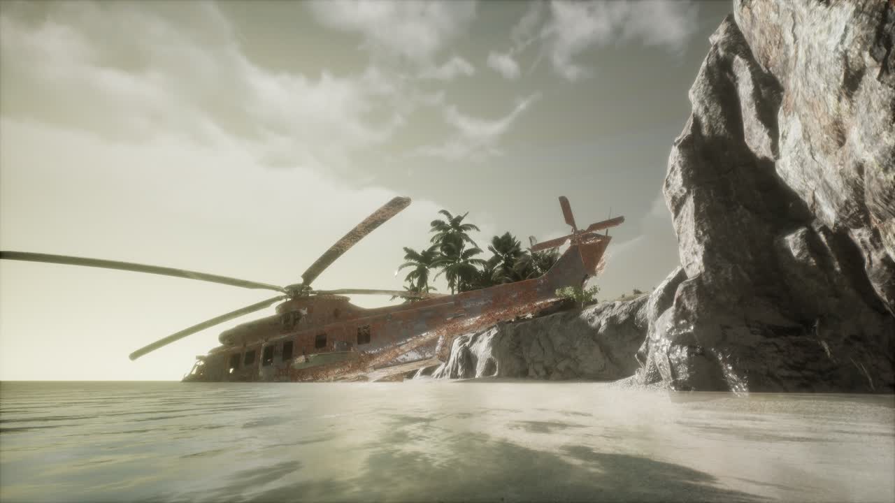 섬 근처 에 있는  ⁇ 은 군용 헬리 ⁇ 터