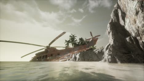 old rusted military helicopter near the island