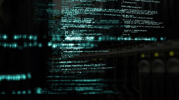 Animation af databehandling over korridor med computerserver.