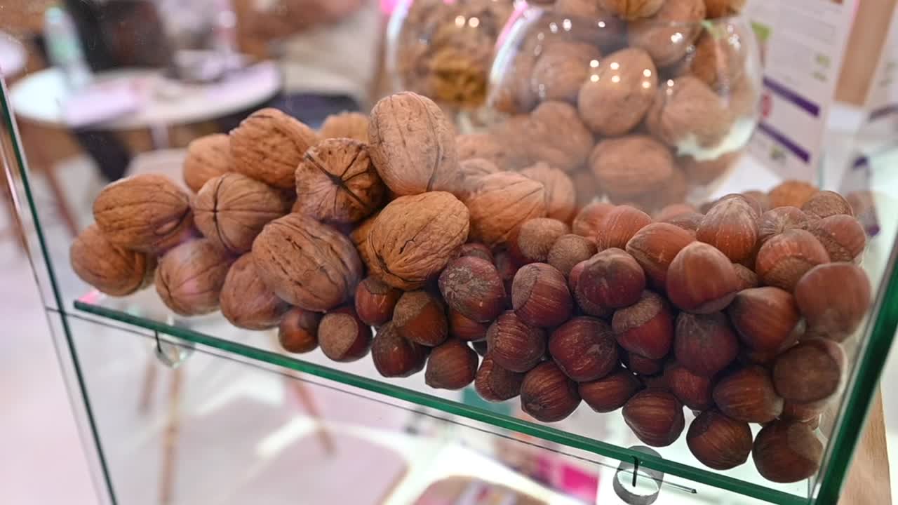 Closeup of Walnuts and Hazelnuts are displayed during the Gulf Food exhibition, United Arab Emirates
