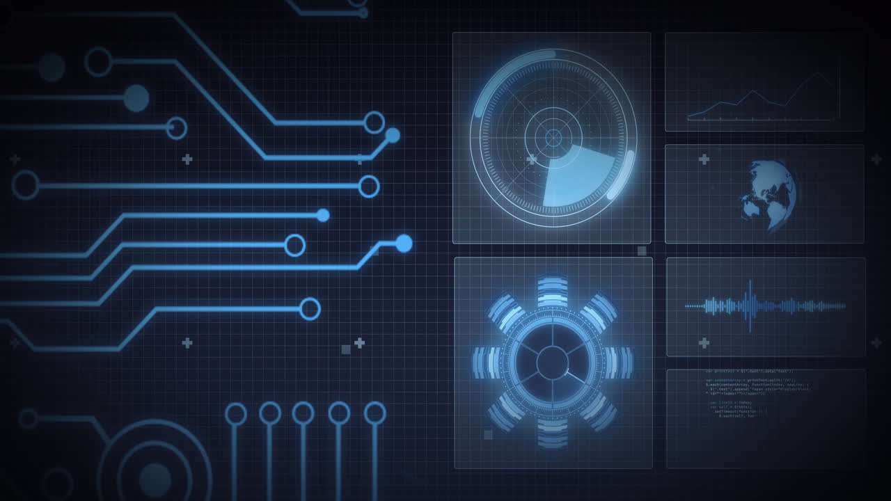 Animation of scope scanning, processor elements and data processing on screens over grid