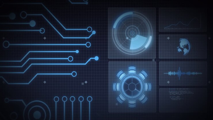 Animation of scope scanning, processor elements and data processing on screens over grid
