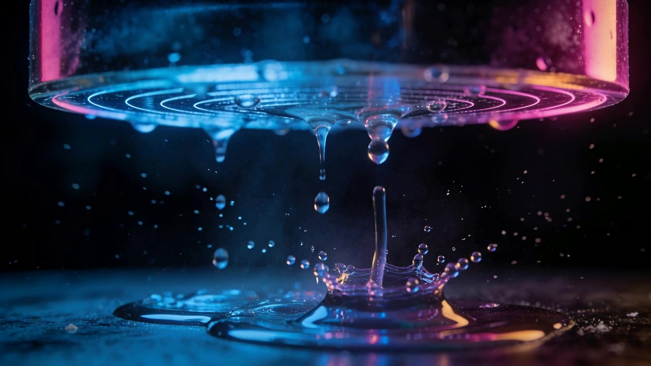 Gota caindo de um anel, água formando uma coroa e um jato durante teste de estúdio sob iluminação de borda ciano e magenta