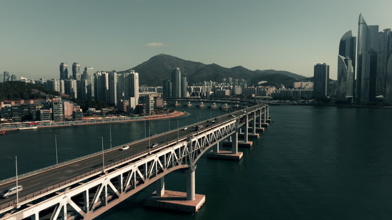 Aerial view of a bridge over a bay in a South Korean city