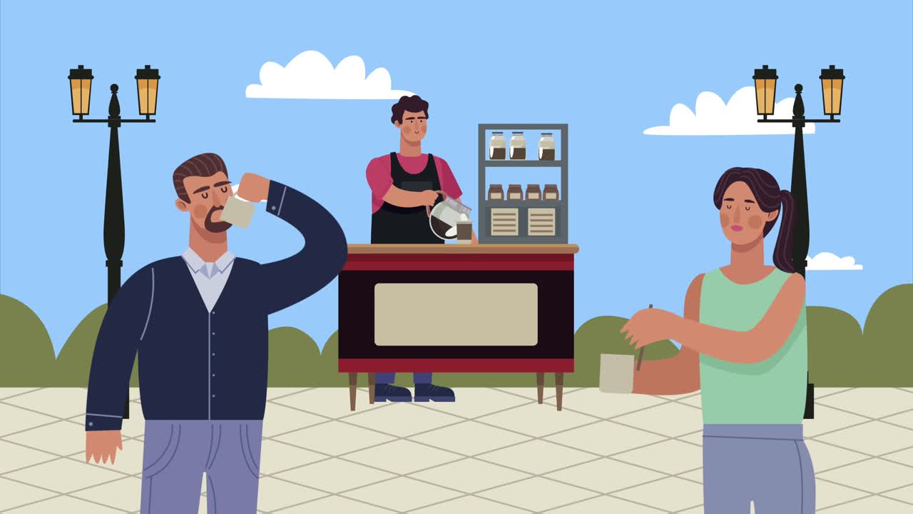 coffee shop worker and clients couple animation