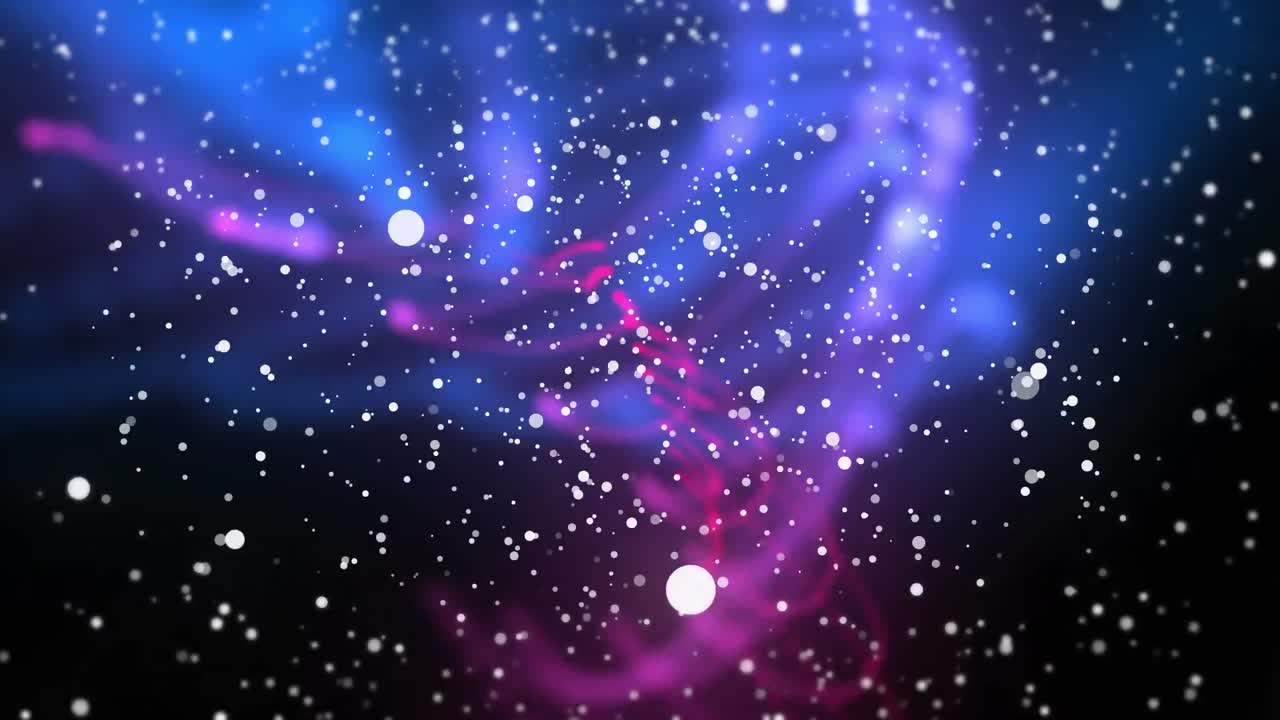 검은 바탕에 분홍색과 파란색의 빛 트레일 위에 떨어지는 크리스마스 눈의 애니메이션