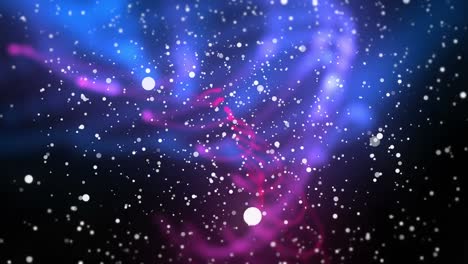 animation of christmas snow falling over pink and blue light trails on black background