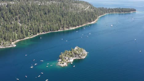 Close-up-panning-shot-of-Fannette-Island-in-Emerald-Bay-on-Lake-Tahoe