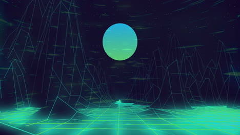 animation of digital mountains and sun on black background