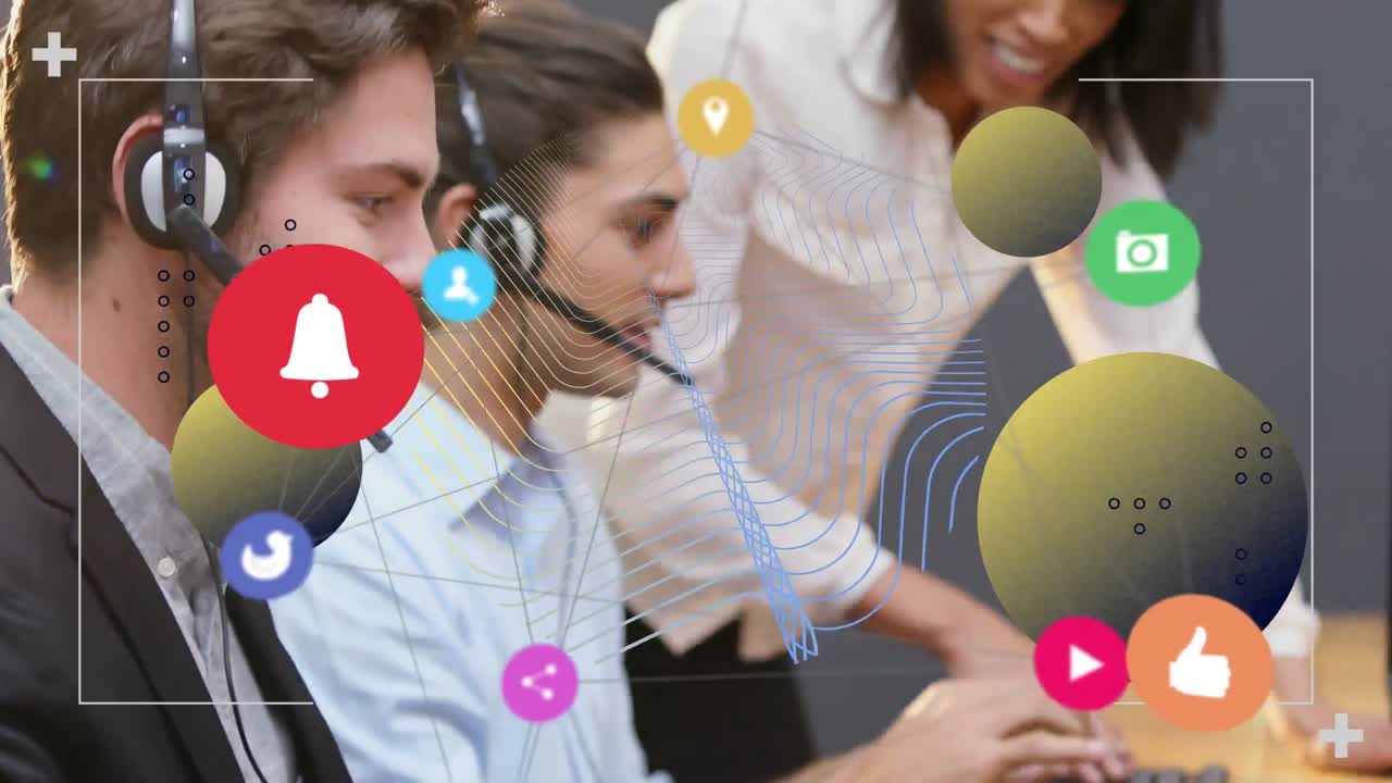 animación de la red de conexiones con íconos sobre hombres de negocios.