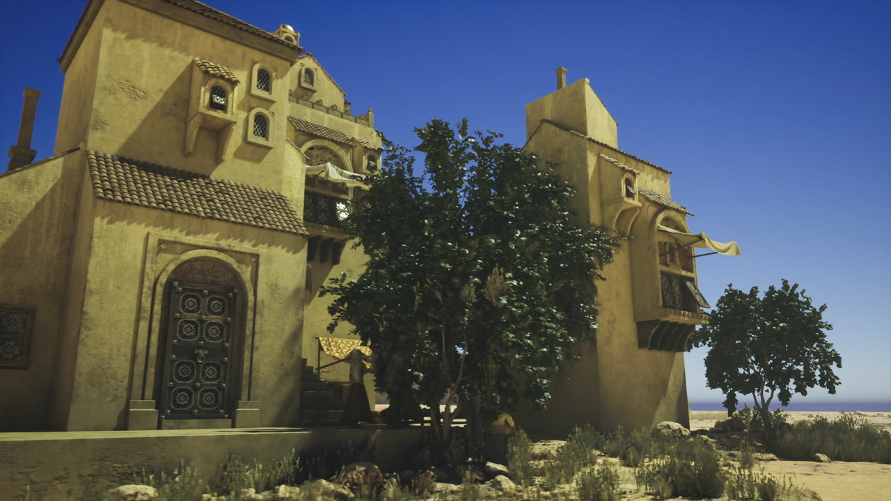 Sundrenched architectural masterpiece with detailed wooden features