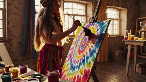 woman painting a tie-dye canvas in a studio