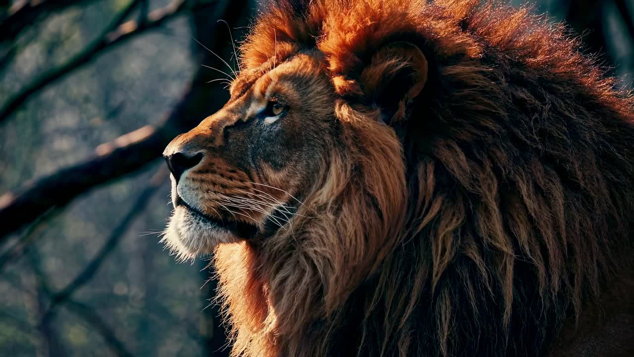 Detailní záběr majestátního lva z profilu. Video styl zvýrazňuje jeho hřívu.