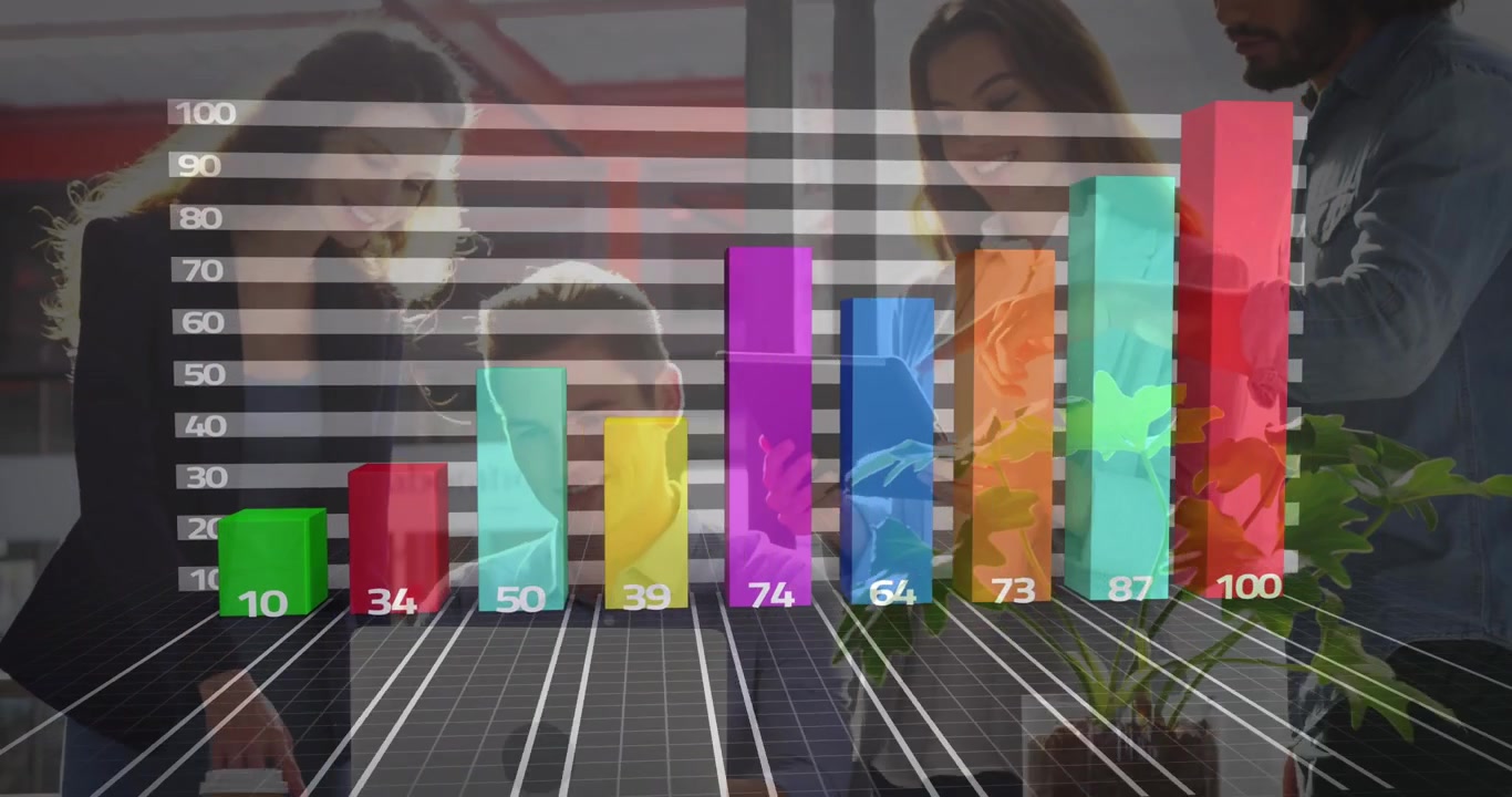 Animación de datos financieros sobre un grupo de empresarios diversos trabajando con tecnología en una oficina