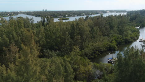 Aerial-flyover-forest-with-green-trees-and-anchored-boats-in-small-bay-during-bright-sky-and-epic-landscape-in-background