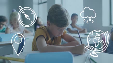 animación de iconos de geografía sobre un escolar caucásico feliz trabajando en el escritorio en clase