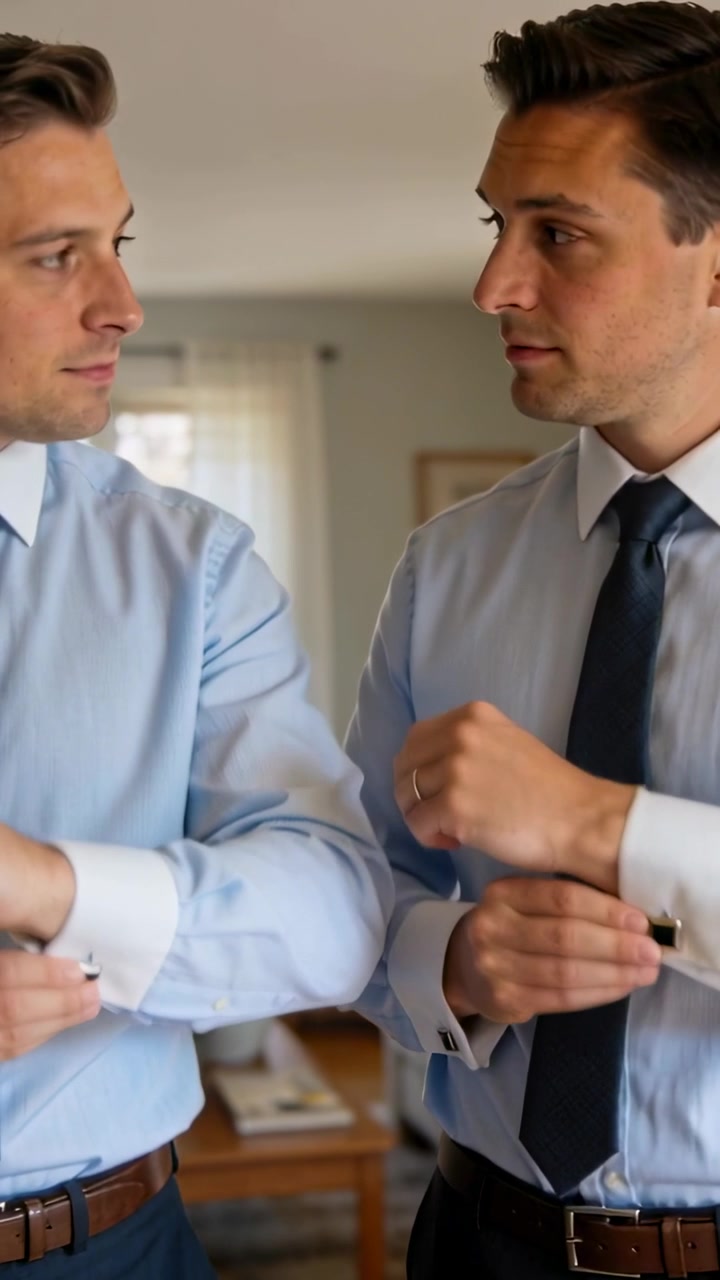 Due uomini che sistemano gemelli e cravatte in salotto, preparandosi per il lavoro, scambiandosi sorrisi