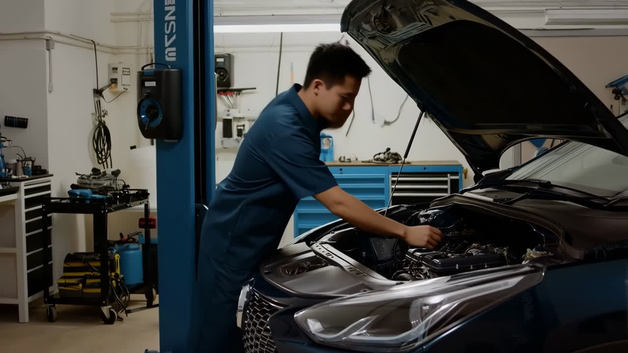 Mechanic working on a car engine in an auto repair shop