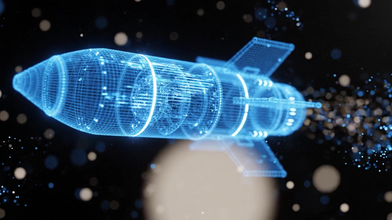 Futuristic 3D Visualization of a Rocket in Blue Wireframe with Dynamic Particles Emitting From the Exhaust, Symbolizing Advanced Propulsion Technology and Space Exploration