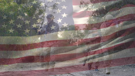 animation of flag of usa over diverse soldiers