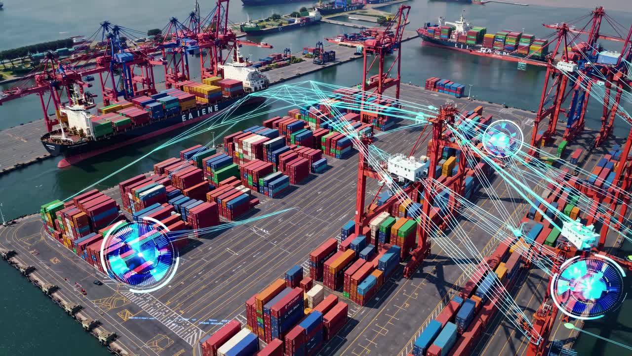 Aerial view of a futuristic port with digital overlays on shipping containers, illustrating smart